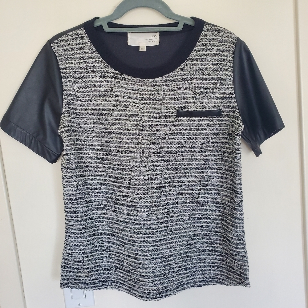 J.O.A Black Metallic Top with Faux Leather Sleeves
